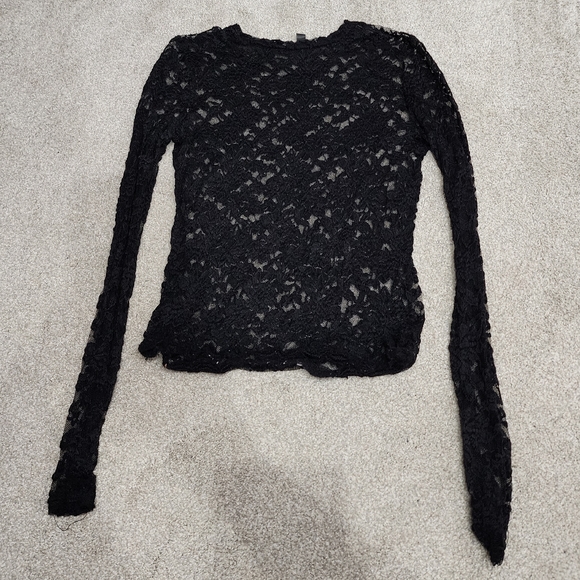 Black Mesh Lace Long Sleeve Shirt - Picture 2 of 4
